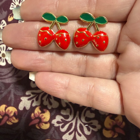Fine jewelry 316 L Cherry Shaped Red and Green Earrings - Picture 2 of 4